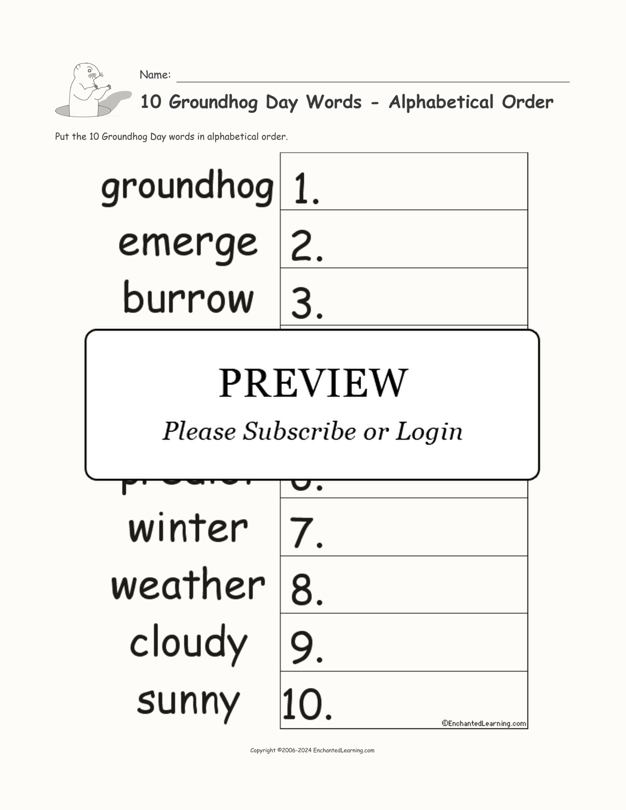 10 Groundhog Day Words - Alphabetical Order interactive worksheet page 1
