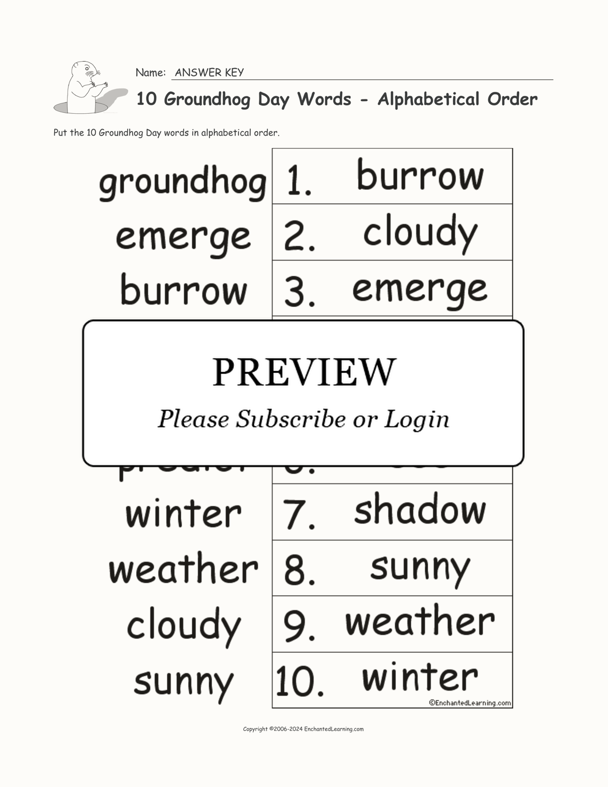 10 Groundhog Day Words - Alphabetical Order interactive worksheet page 2