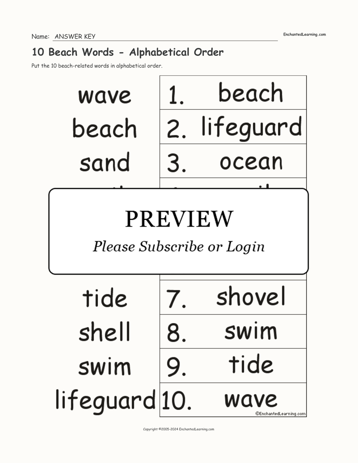 10 Beach Words - Alphabetical Order interactive worksheet page 2