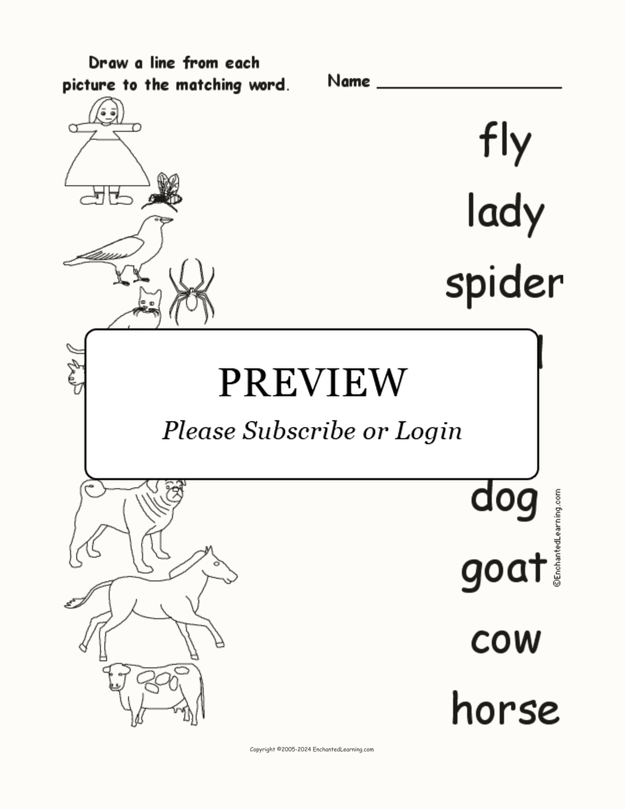 Match 'The Old Lady and the Fly' Words to the Pictures interactive worksheet page 1