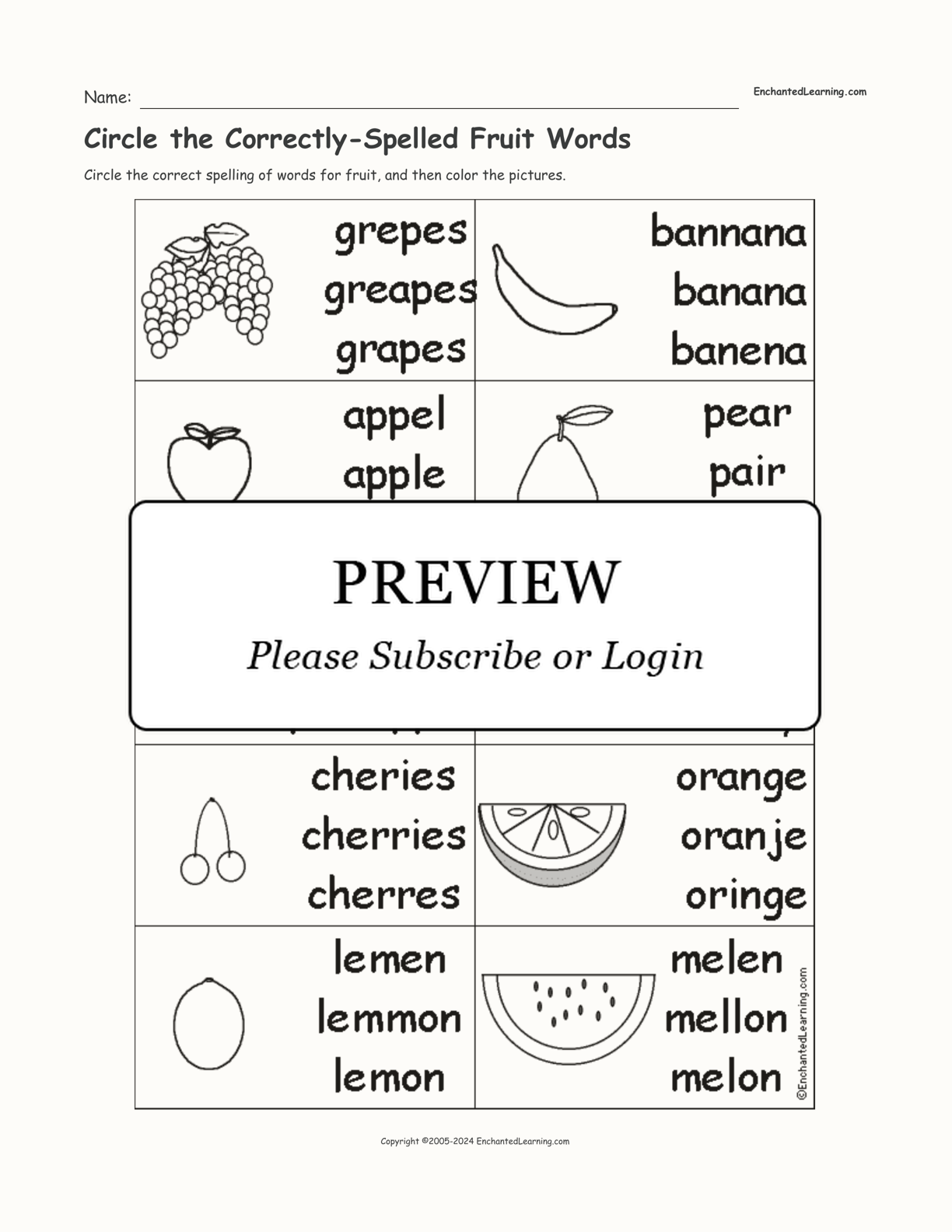 Circle the Correctly-Spelled Fruit Words interactive worksheet page 1
