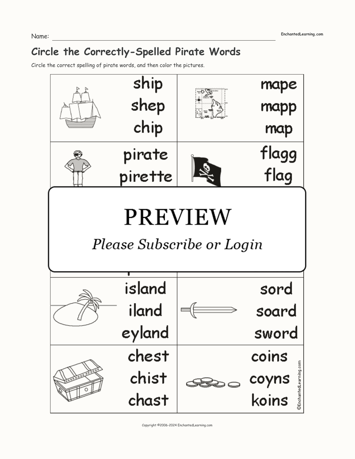 Circle the Correctly-Spelled Pirate Words interactive worksheet page 1
