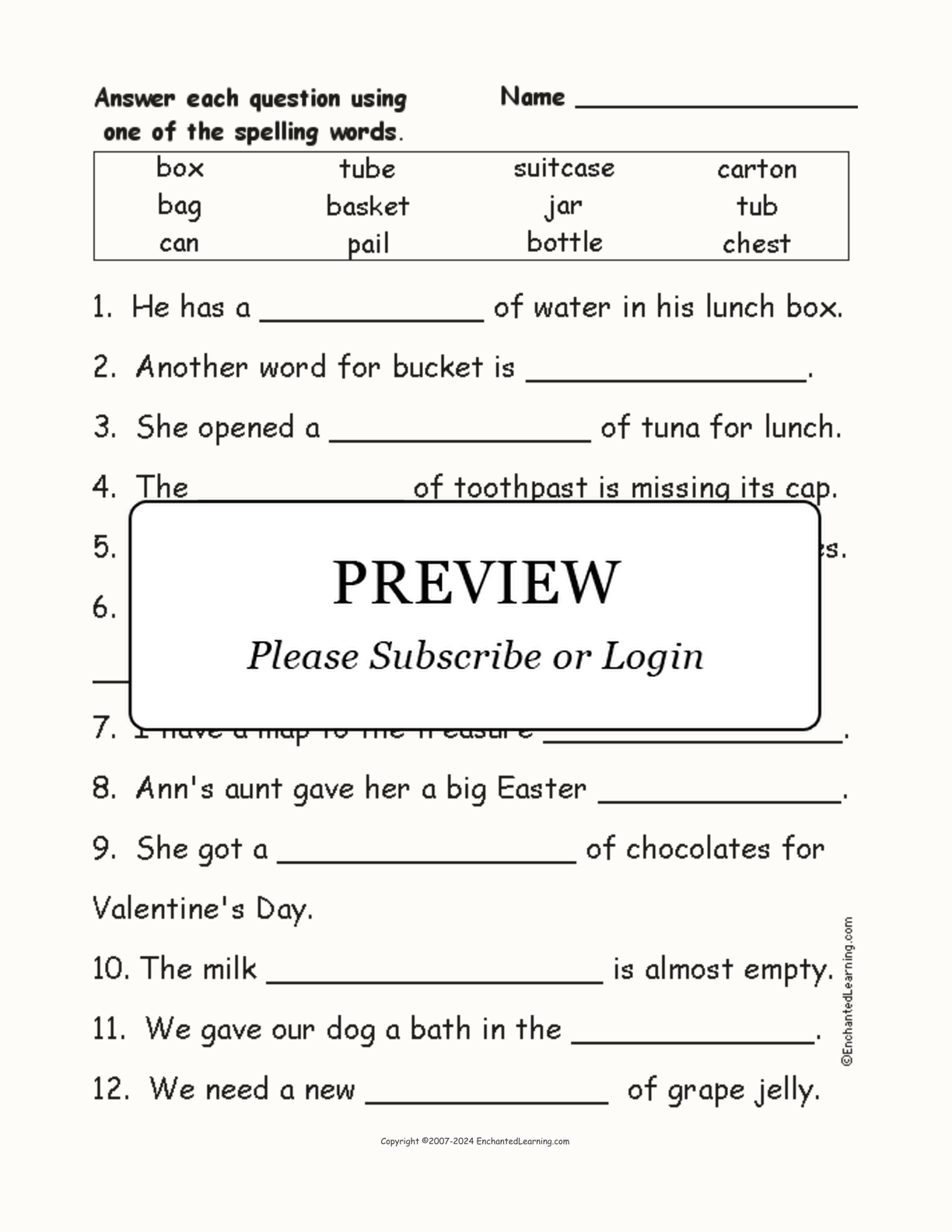 Container Spelling Word Questions interactive worksheet page 1