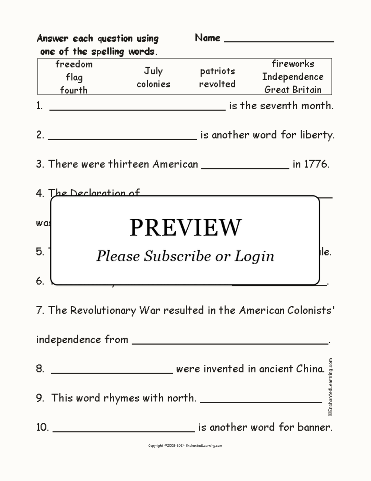 July 4th: Spelling Word Questions interactive worksheet page 1