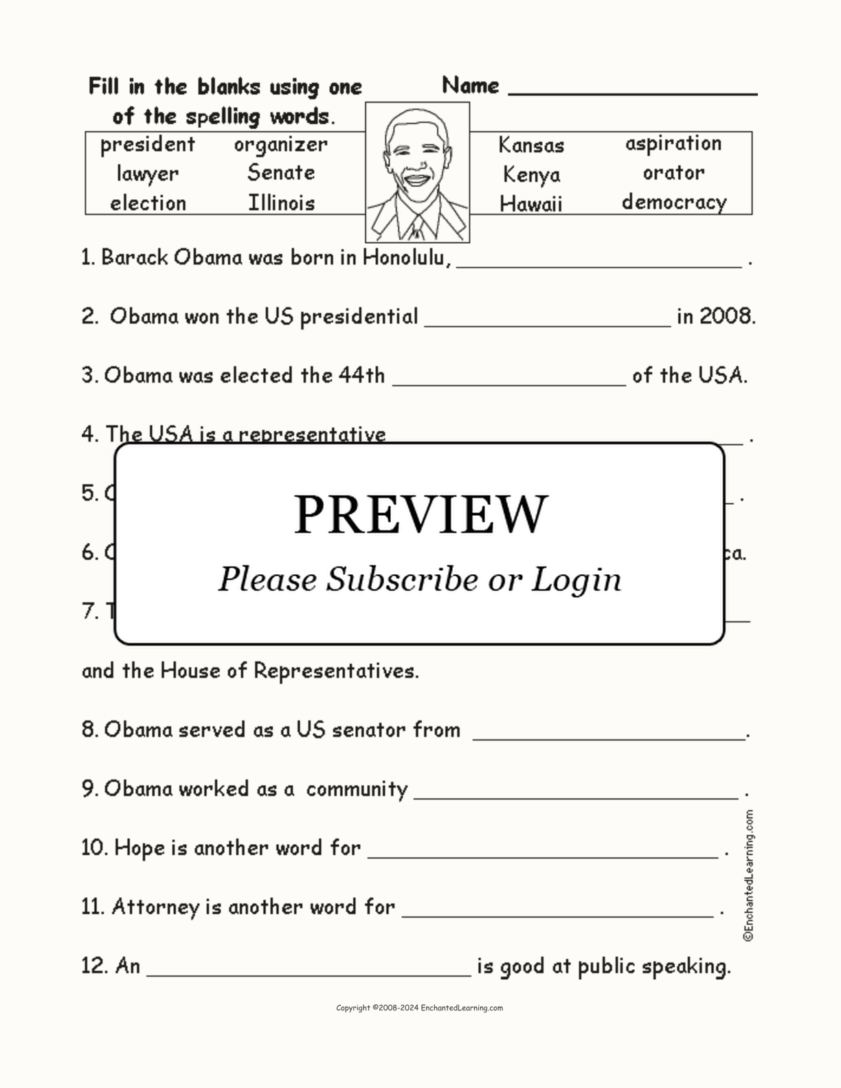 Barack Obama Spelling Word Questions interactive worksheet page 1