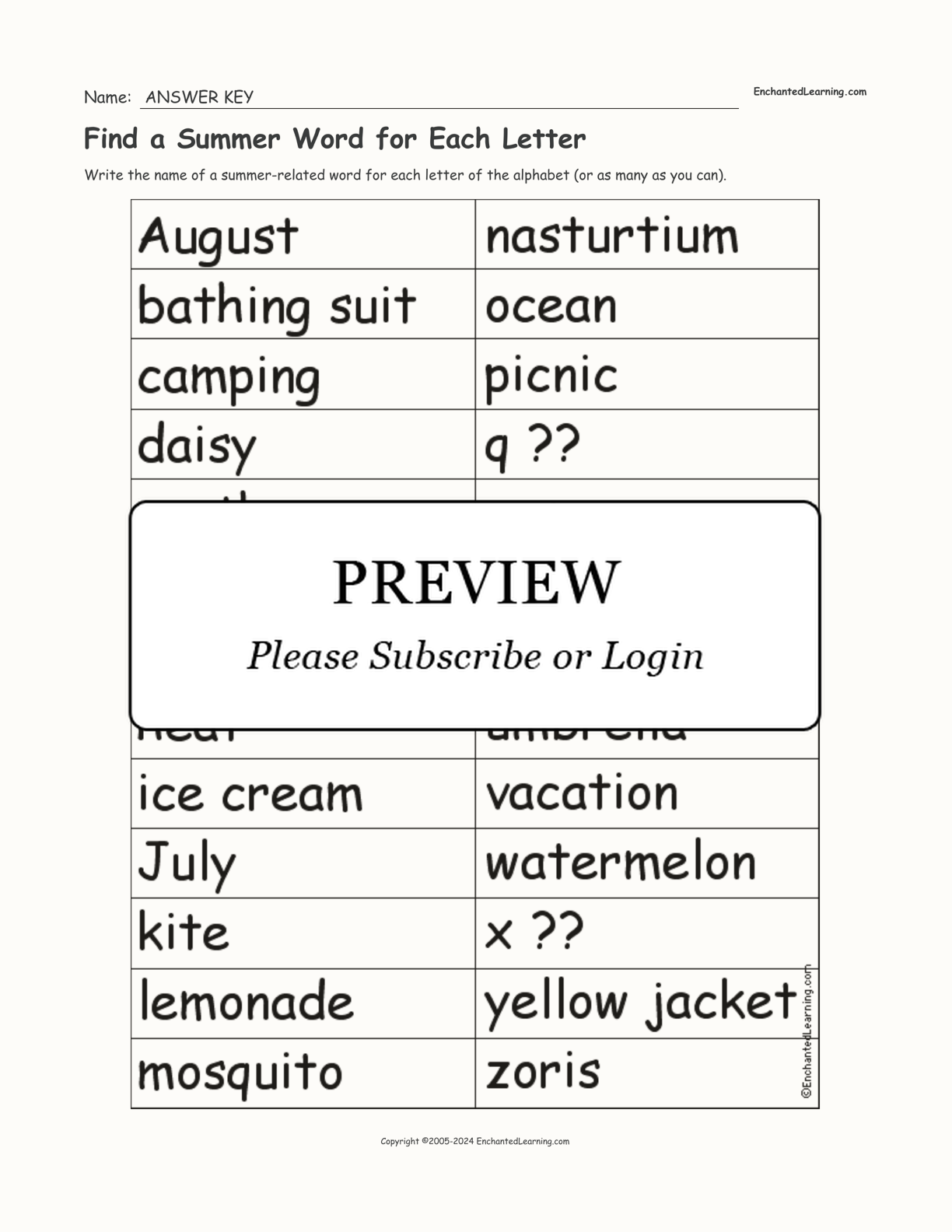 Find a Summer Word for Each Letter interactive worksheet page 2