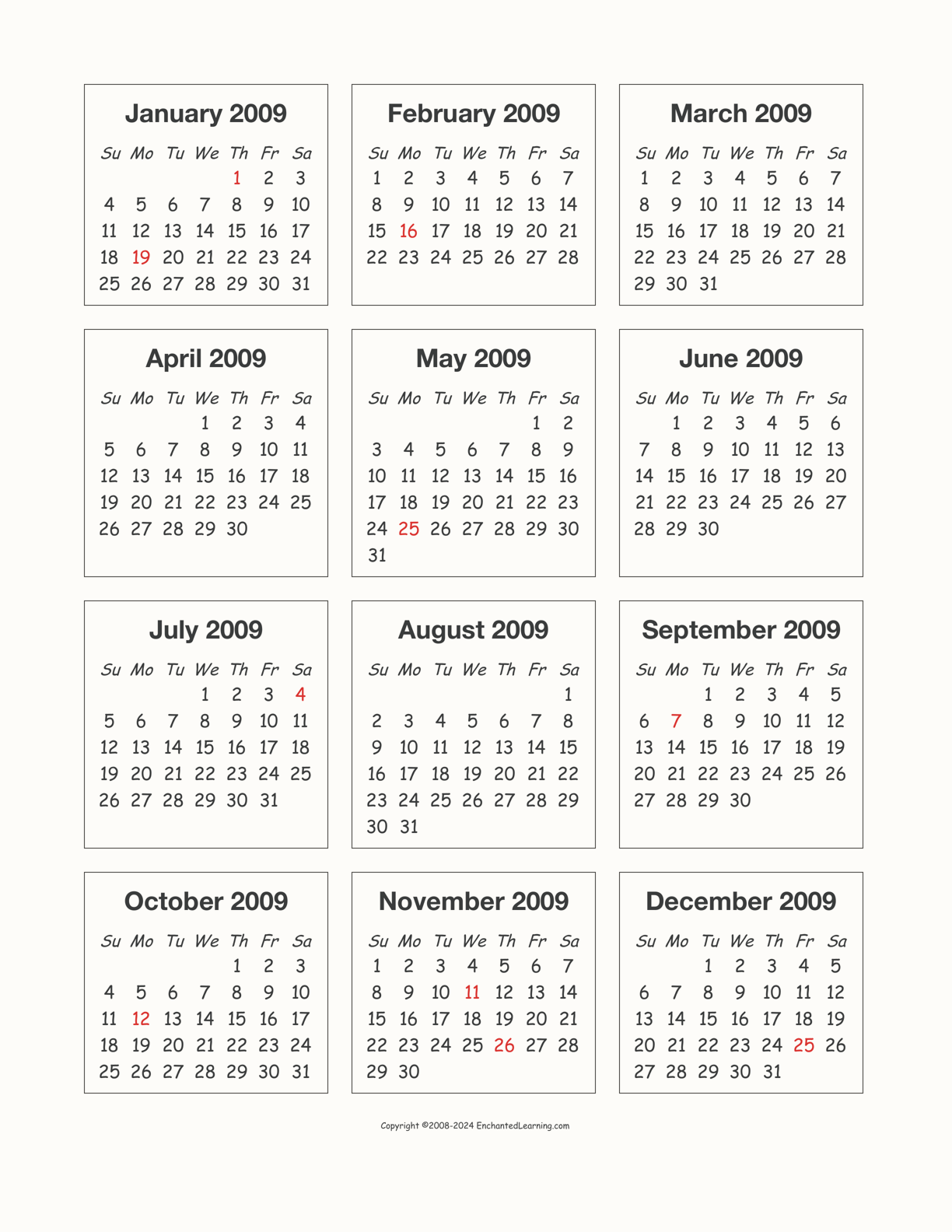 2009 Calendar interactive printout page 1