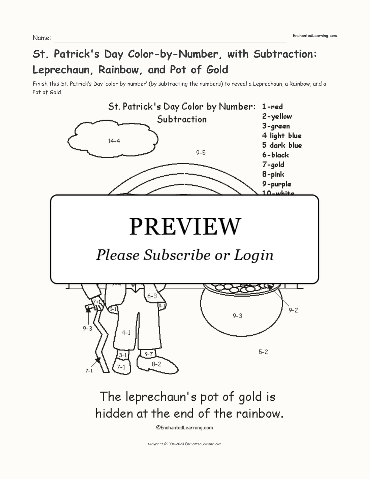 St. Patrick's Day Color-by-Number, with Subtraction: Leprechaun, Rainbow, and Pot of Gold interactive printout page 1