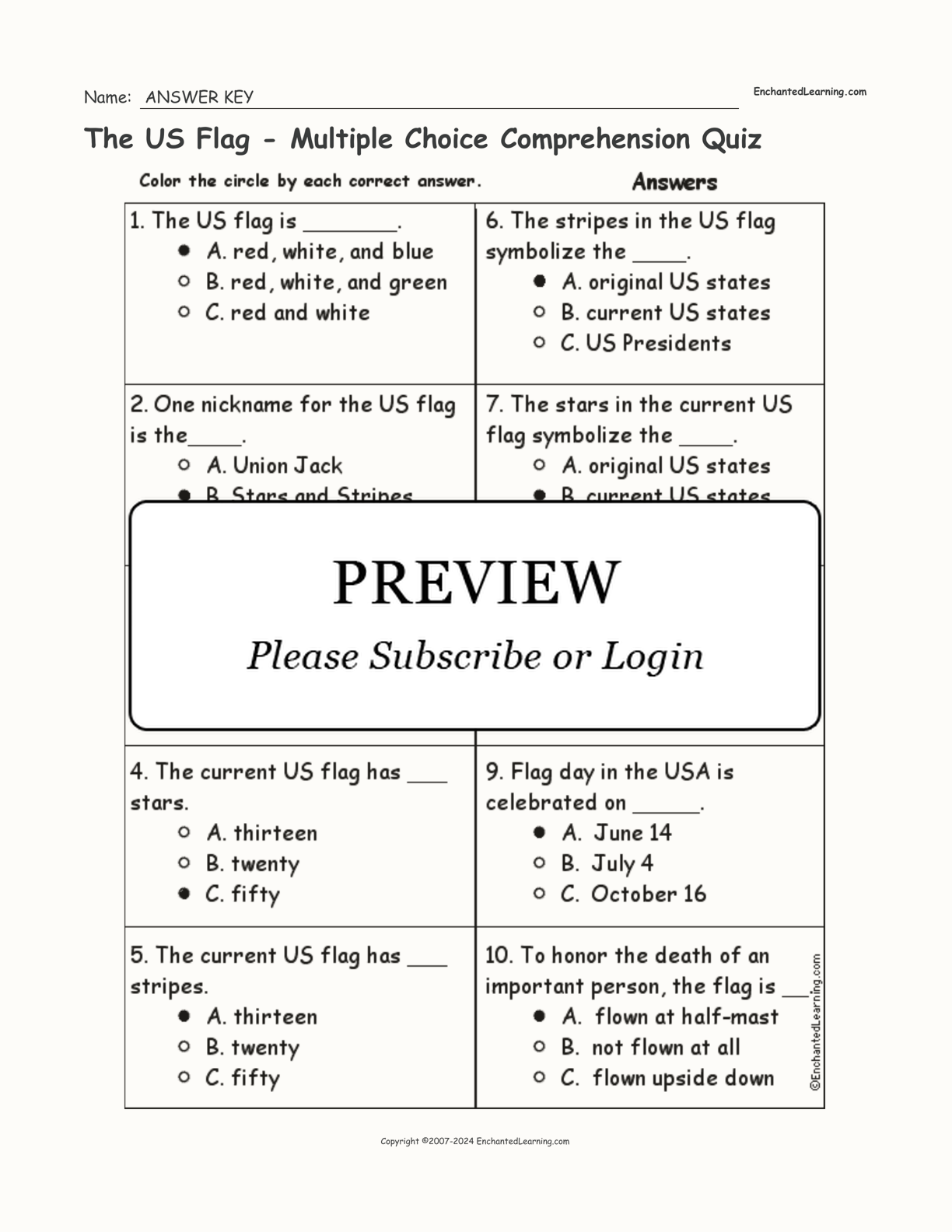 The US Flag - Multiple Choice Comprehension Quiz interactive worksheet page 2