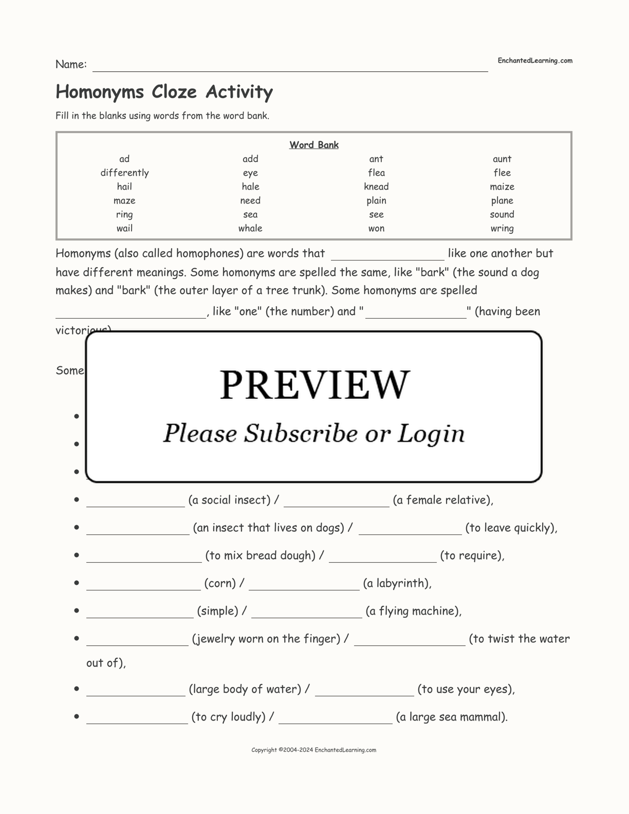 Homonyms Cloze Activity interactive worksheet page 1