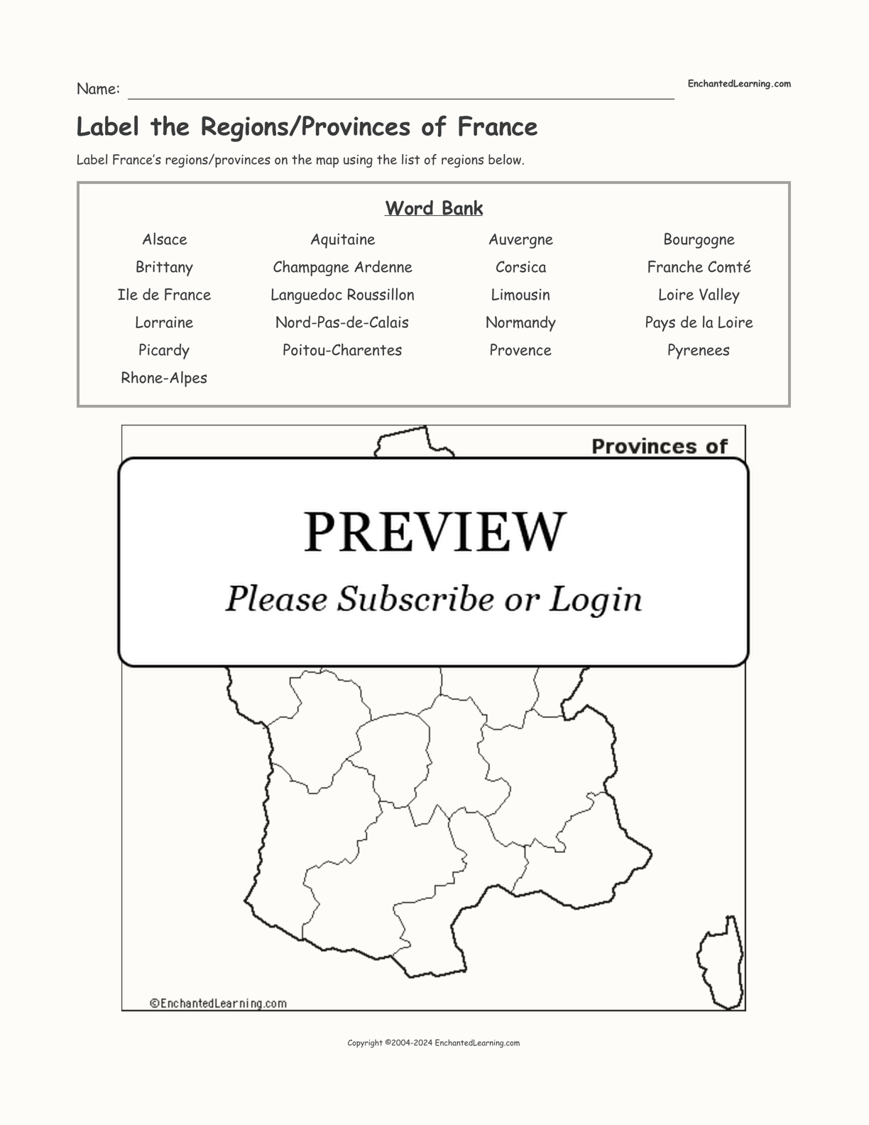 Label the Regions/Provinces of France interactive worksheet page 1