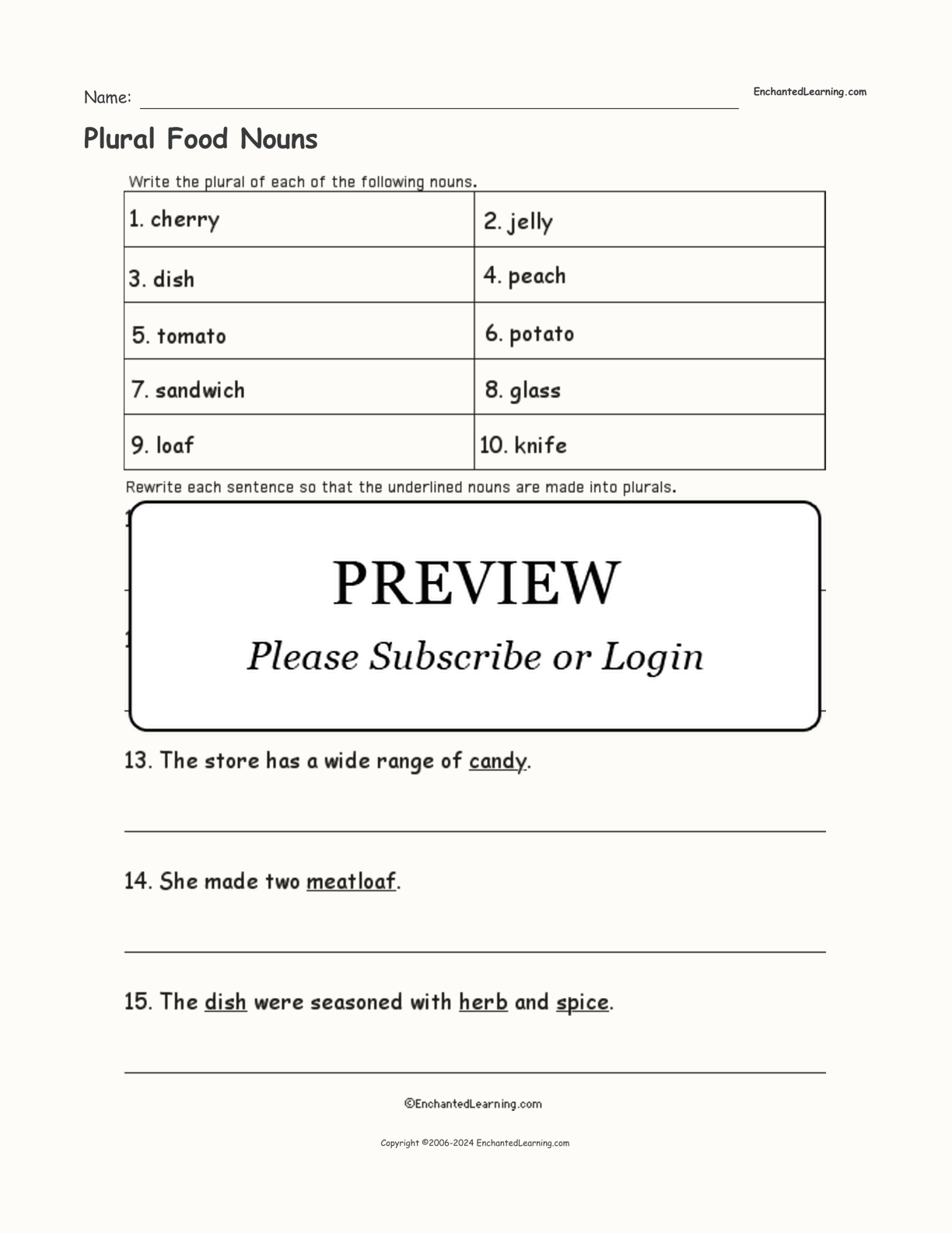 Plural Food Nouns interactive worksheet page 1