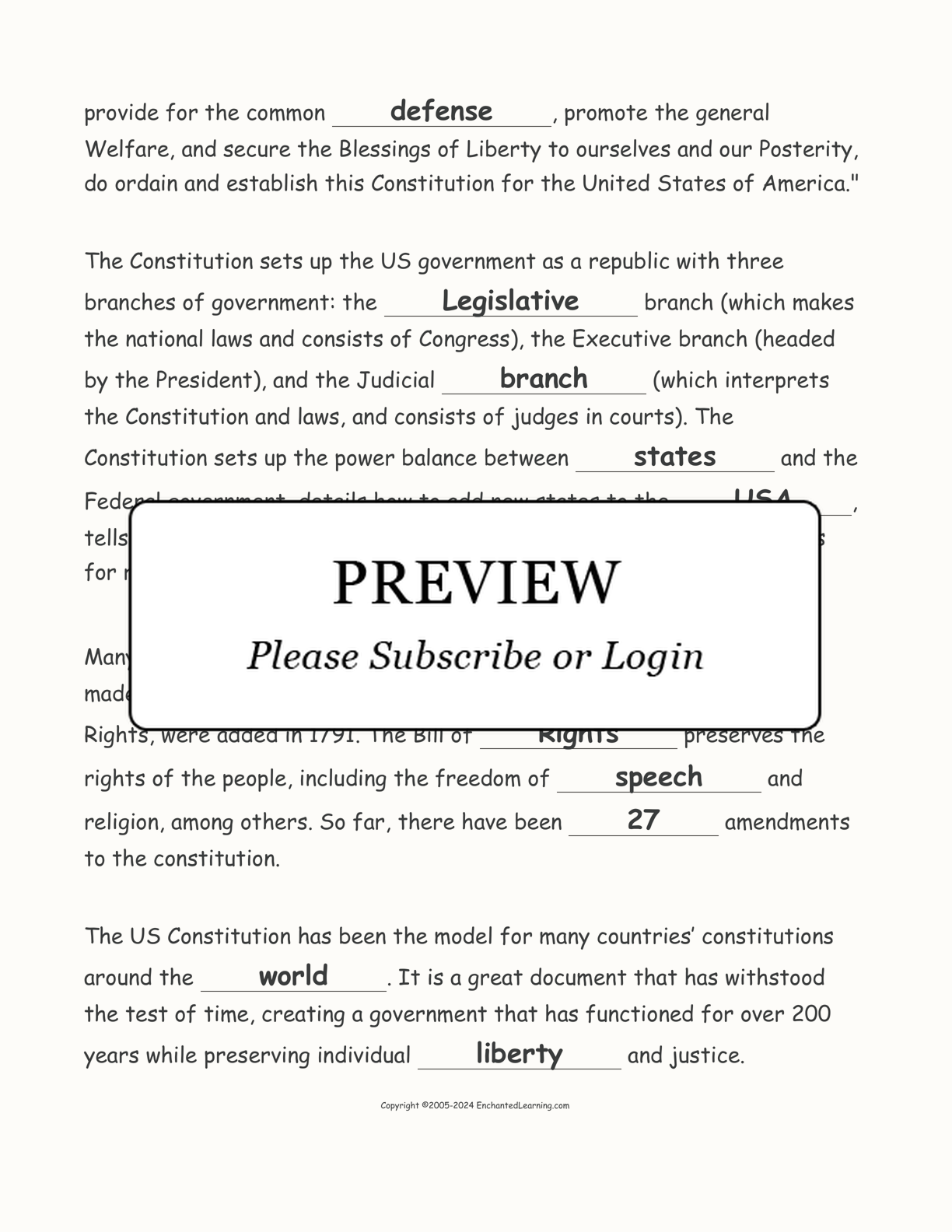 US Constitution: Cloze Activity interactive worksheet page 4
