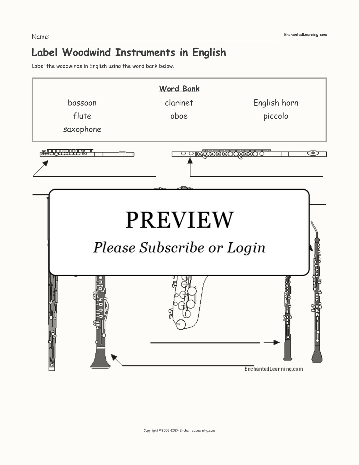 Label Woodwind Instruments in English interactive worksheet page 1