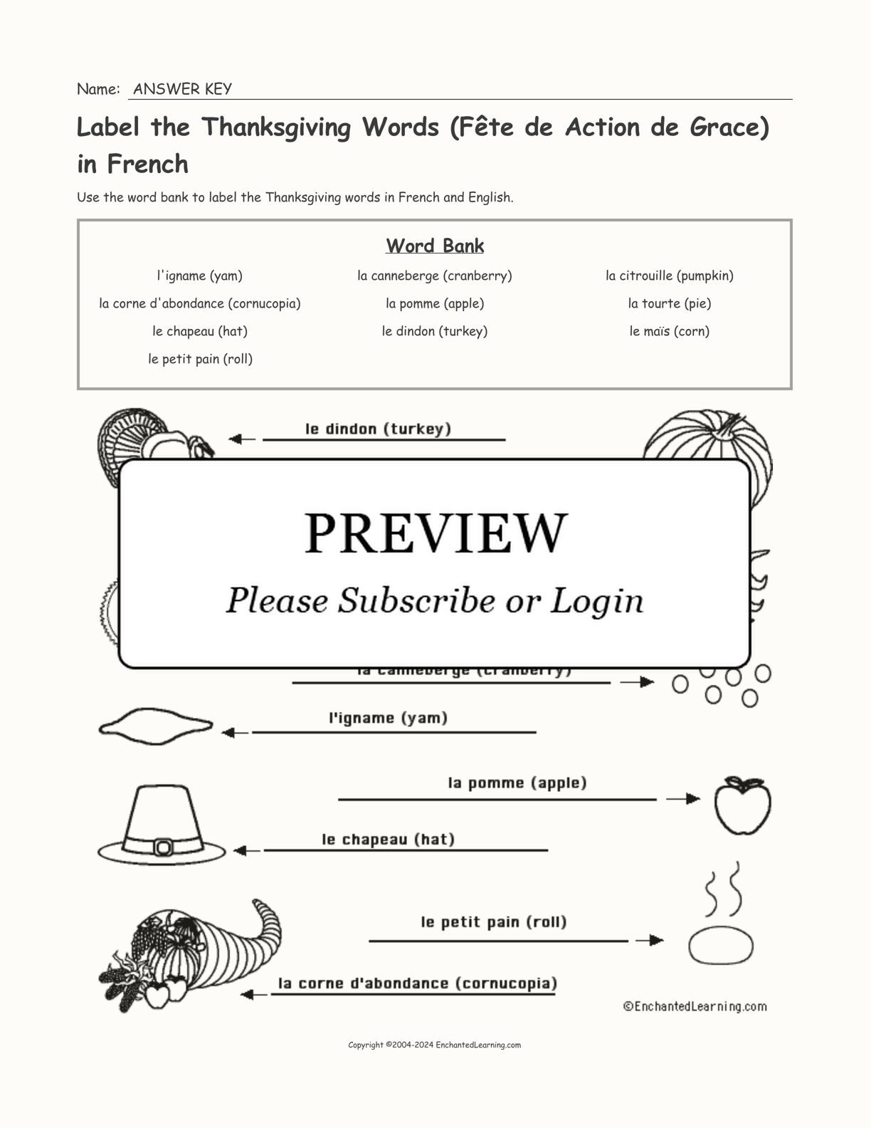 Label the Thanksgiving Words (Fête de Action de Grace) in French interactive worksheet page 2