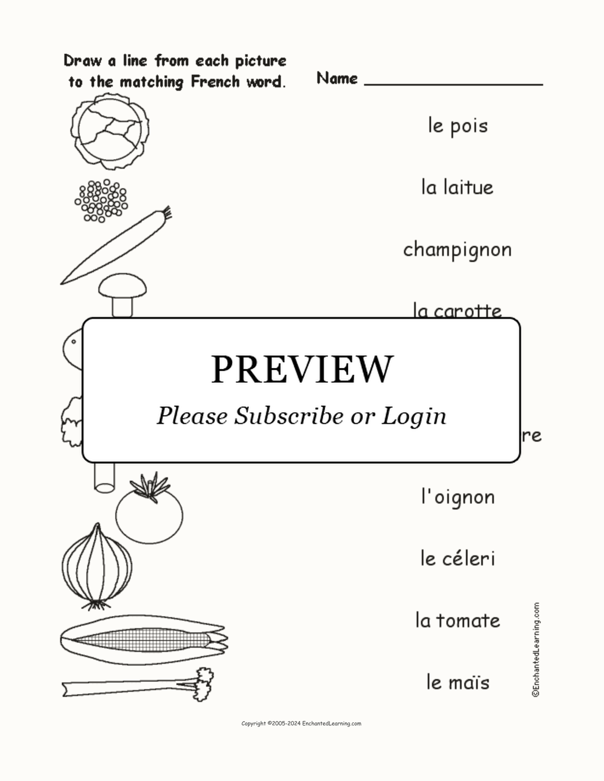 Match the French Vegetable Words to the Pictures interactive worksheet page 1