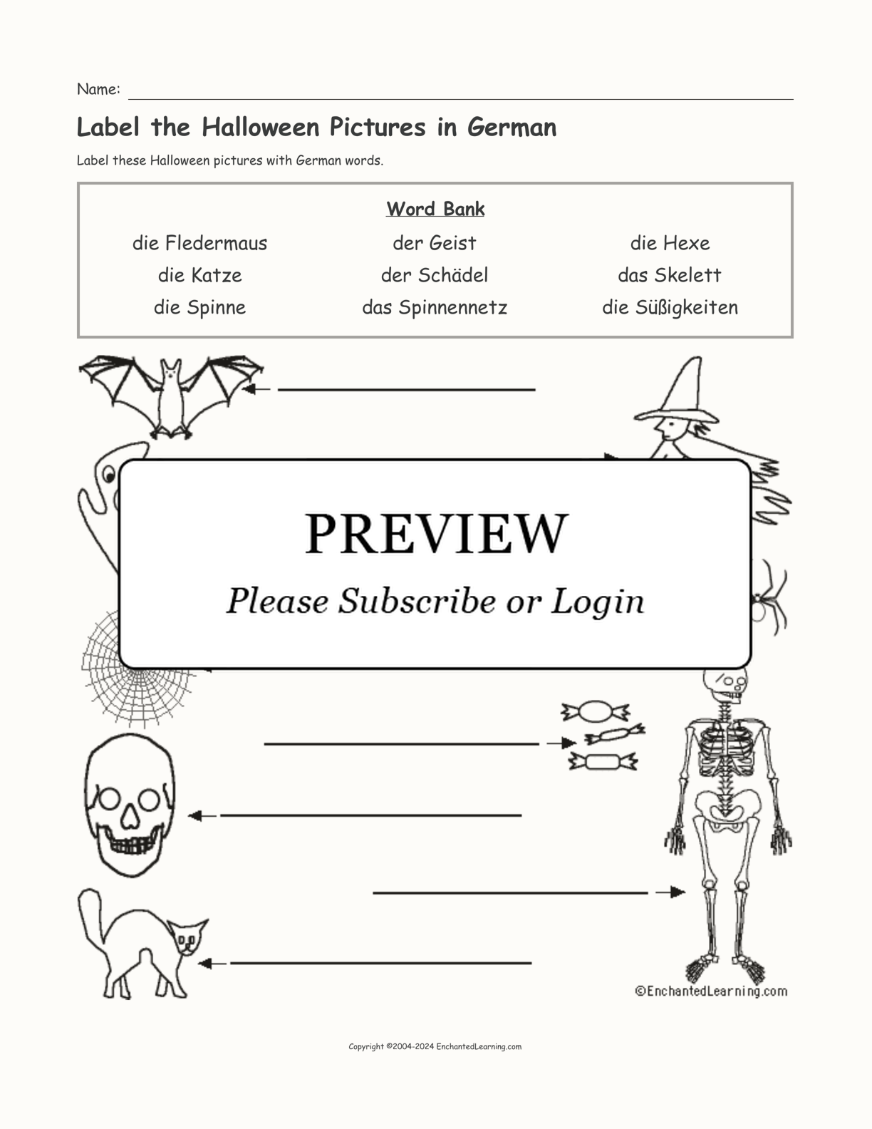 Label the Halloween Pictures in German interactive worksheet page 1