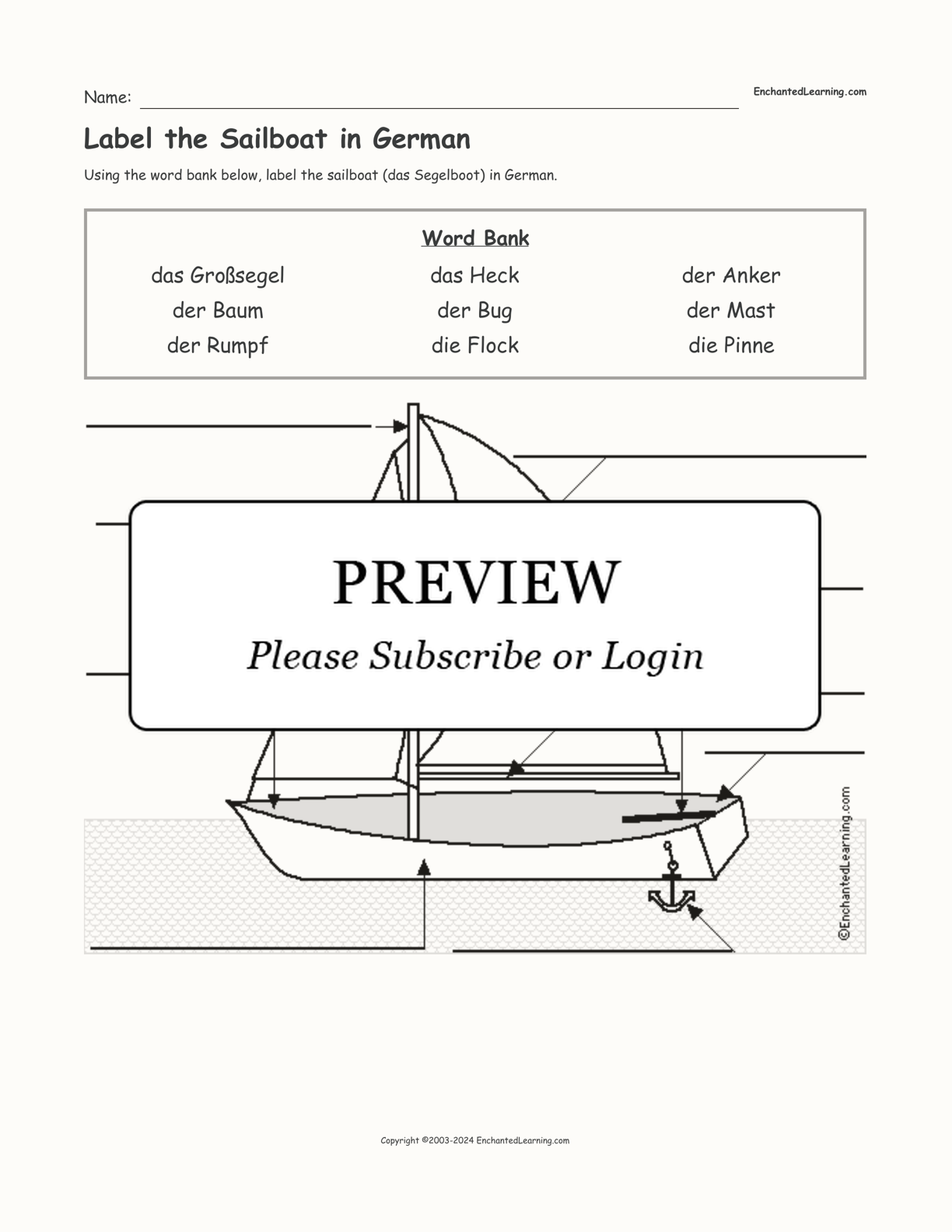 Label the Sailboat in German interactive worksheet page 1