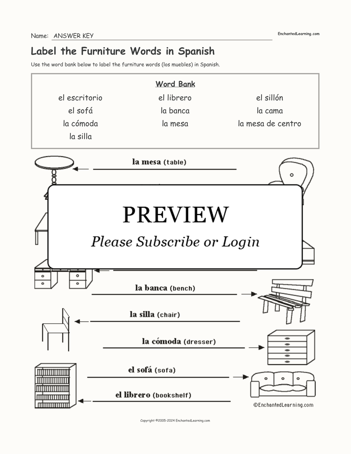 Label the Furniture Words in Spanish interactive worksheet page 2