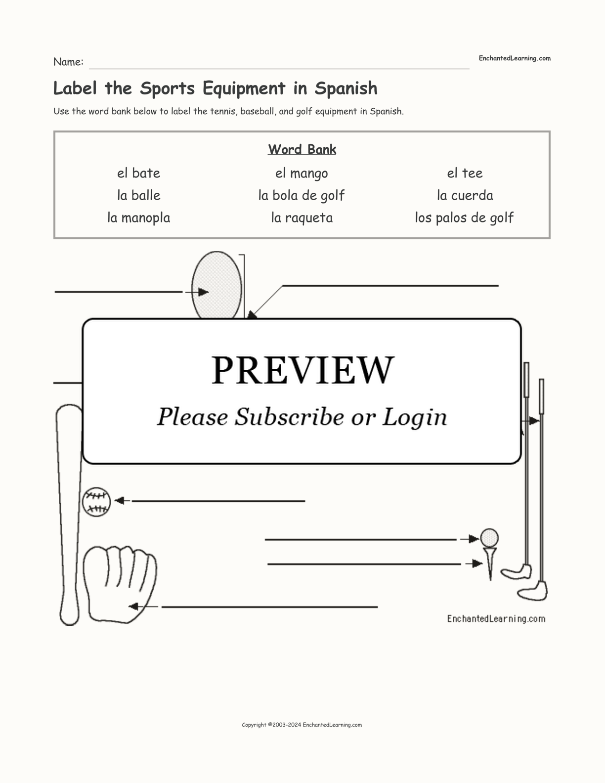 Label the Sports Equipment in Spanish interactive worksheet page 1
