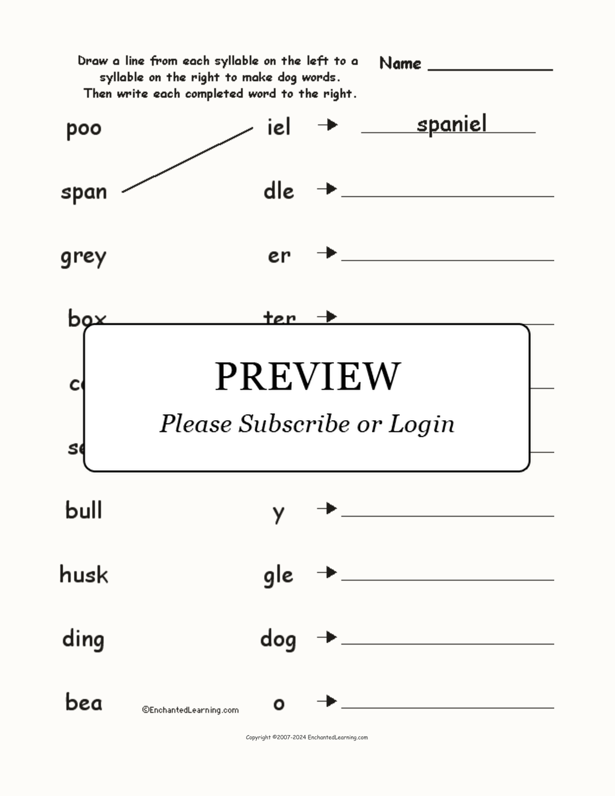 Match the Syllables: Dog Words interactive worksheet page 1