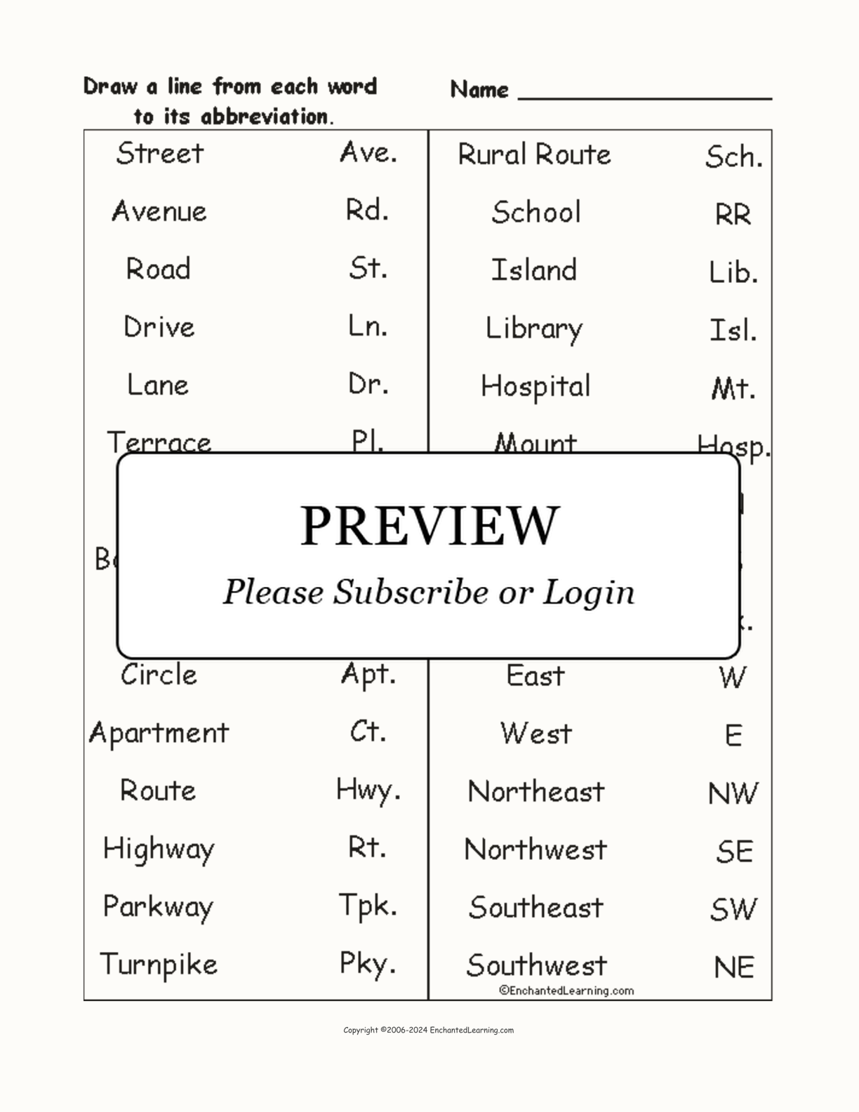 Match the Address Abbreviations interactive worksheet page 1
