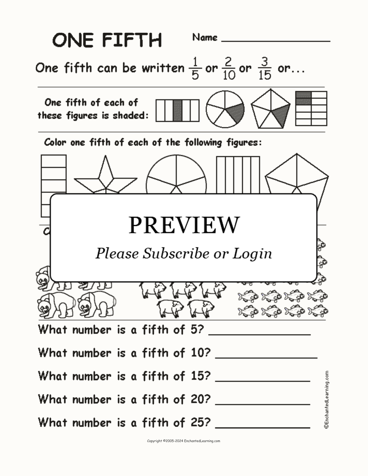One Fifth Fractions Worksheet interactive worksheet page 1