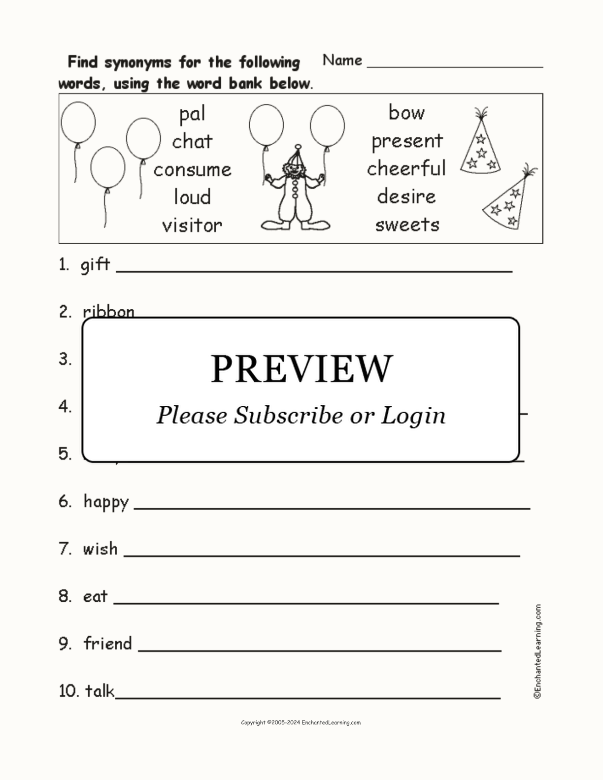 Birthday Synonyms interactive worksheet page 1