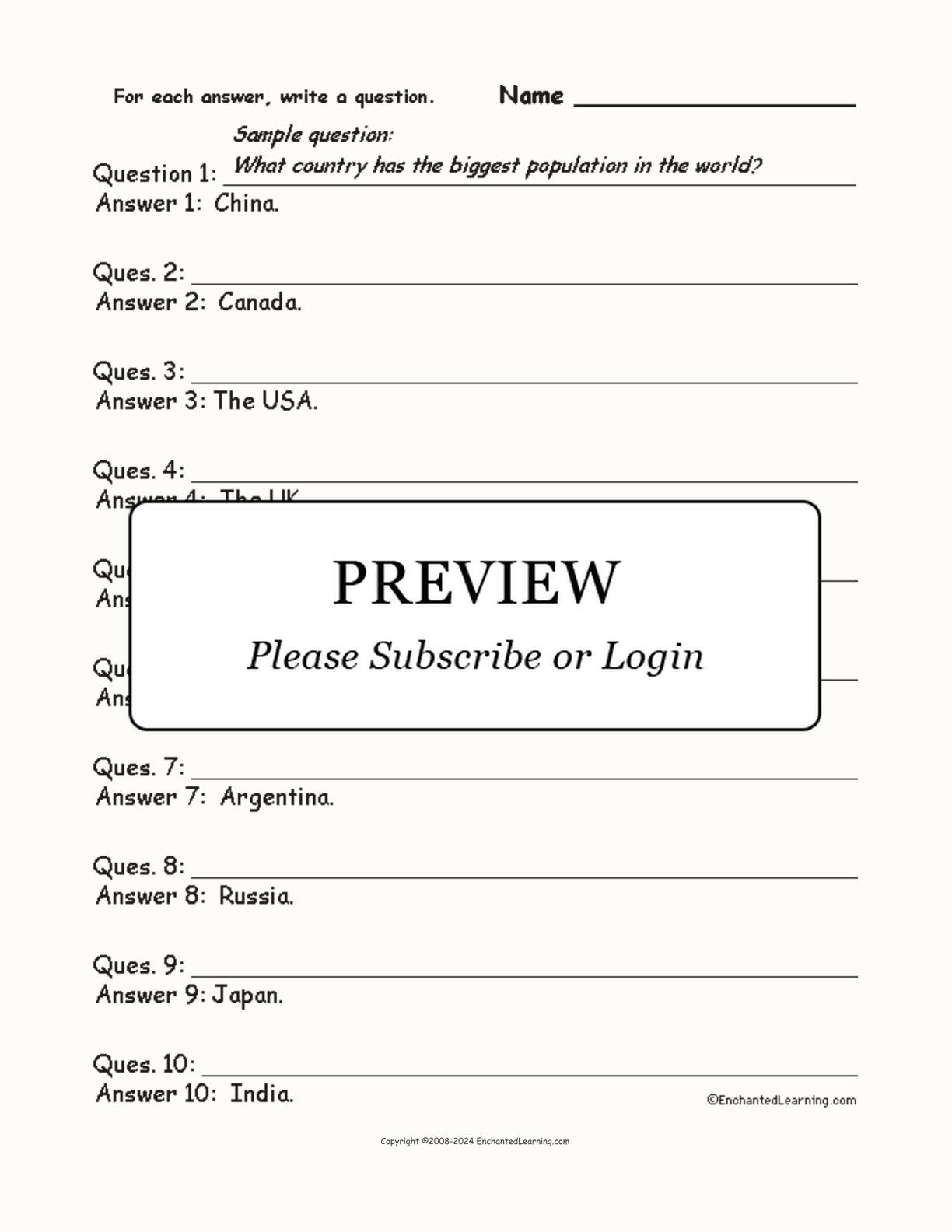 Countries #1: Write a Question for Each Answer interactive worksheet page 1